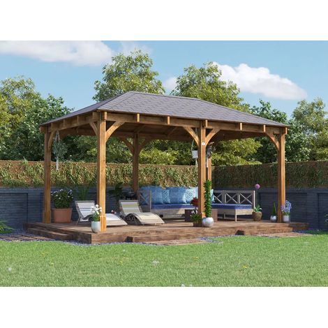 Dunster House Wooden Gazebo 5m x 3m Heavy Duty Pressure Treated Patio Shelter With Roof Shingles Leviathan (1/5)