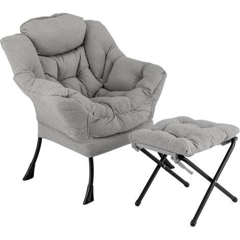 Fauteuil d'appoint avec repose-pieds pliable et coussin de tête, chaise relax sherpa grise pour salon (1/5)