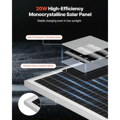 Chargeur Batterie à Panneau Solaire 20 W 12 V, Cellules Monocristallines, Contrôleur MPPT Intégré, Support de Montage Réglable, Éta… (1/5)