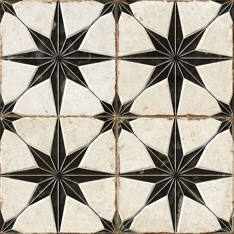 Carrelage Vintage effet Carreau ciment 3D Etoile Noire et Fond Blanc 22,3x22,3x0,9 cm Sparta - Sol et mur intérieur (vendu par carton de 0,65 m²) - RO'MA CARRELAGE
