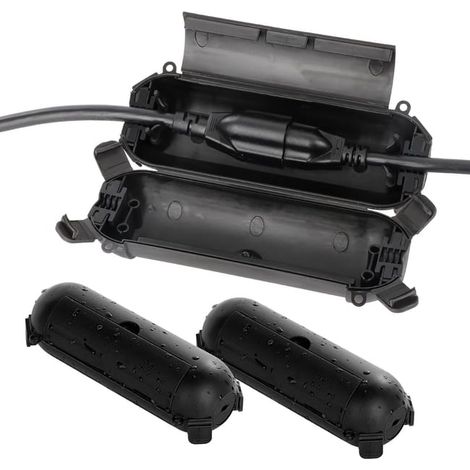 Paquete de 2 cajas de conexiones de seguridad impermeables para exteriores para cables, alargadores y protección de enchufes, color negro. (1/5)