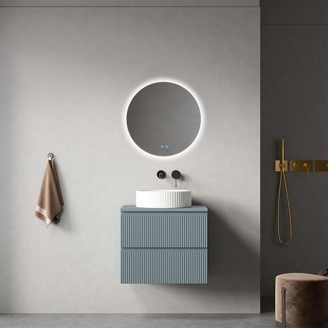 Mobile bagno sospeso cannettato 60 cm Blu Avio per Lavabo d'appoggio Specchio Tondo Retroilluminato - Fiji Paint Top Canneté