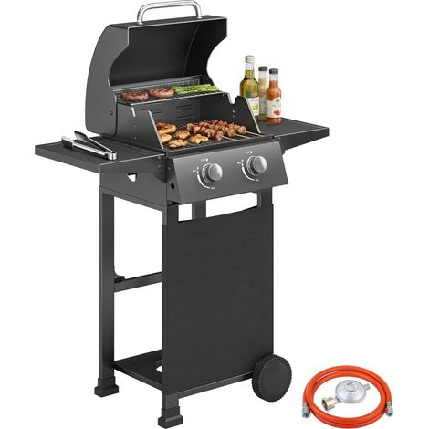 Barbecue à gaz propane, deux brûleurs, portable, avec thermomètre, noir., idéal pour le camping, les pique-niques et les repas en plein air (1/5)