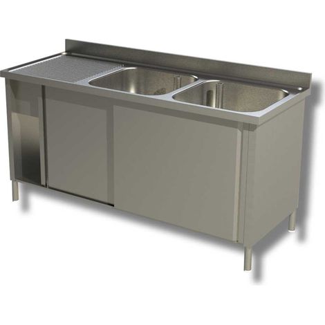 Plonge Inox sur Meuble Portes Coulissantes 2 Eviers à Droite - Gamme 600 - Ristopro