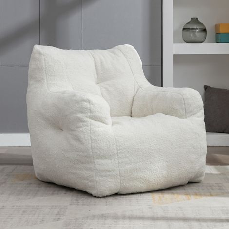 Soft Tufed Foam Bean Bag Chair With Teddy Fabric, Ivory White (1/7)