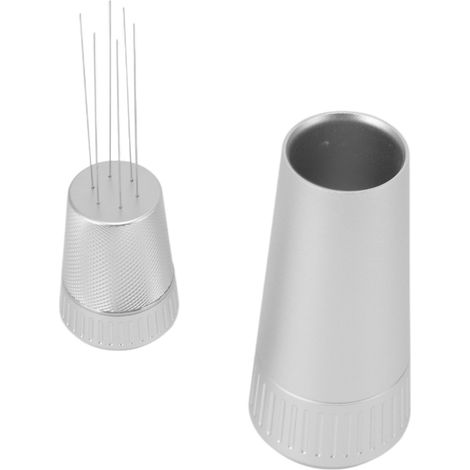 Tasseur à café portable, petit, à base stable et poignée ergonomique, en acier inoxydable, de type aiguille, couleur argent. (1/5)