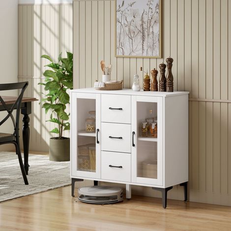 Buffet moderne avec portes à fermeture amortie, 3 tiroirs, 2 portes vitrées, étagères réglables, MDF, blanc