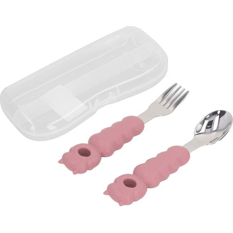 Lot de fourchettes et cuillères pour bébé, forme cartoon multifonction, acier inoxydable 316, lavable au lave-vaisselle, prise confortable, rouge brunâtre (1/5)