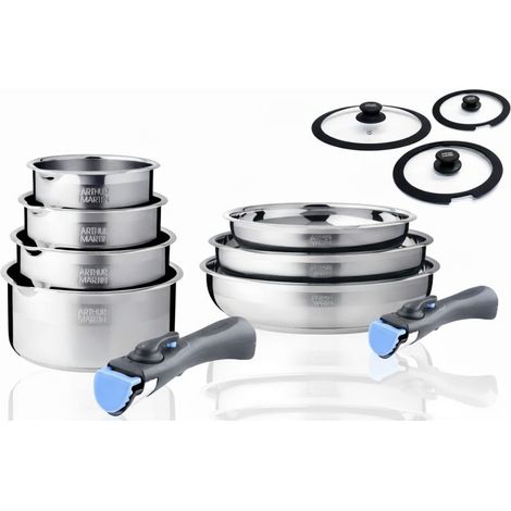 Batterie de cuisine inox 12 pièces avec 2 manches amovibles et 3 couvercles en silicone Arthur Martin AM2717 (1/5)
