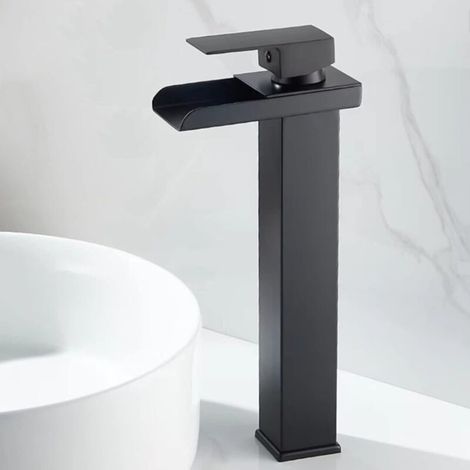 Black waterfall basin mixer tap, copper basin tap with waterfall spout, single-hole single-handle basin mixer tap, high