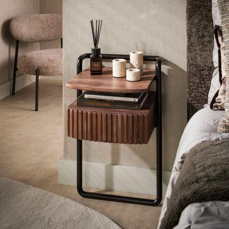 Table de chevet murale bois foncé 1 tablette 1 tiroir NAKO (1/5)