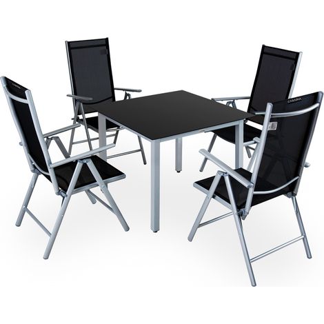 CASARIA® Gartenmöbel Set 4 Stühle mit Tisch 90x90cm Aluminium Sicherheitsglas Wetterfest Klappbar Modern Terrasse Balkon Möbel Sitzgruppe Garnitur Bern silber (1/5)