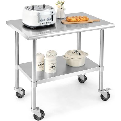 Costway – Table de travail cuisine 61 x 92 cm – Acier inoxydable – 2 niveaux – 4 roues dont 2 verrouillables – Plateau inférieur réglable – Charge 250 kg (1/5)