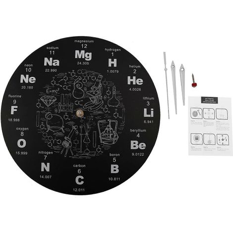 Tableau périodique des éléments - Horloge murale avec symboles chimiques - Décoration murale éducative - Affichage des éléments - Horloge de classe - Cadeau pour enseignant - Noir (1/5)