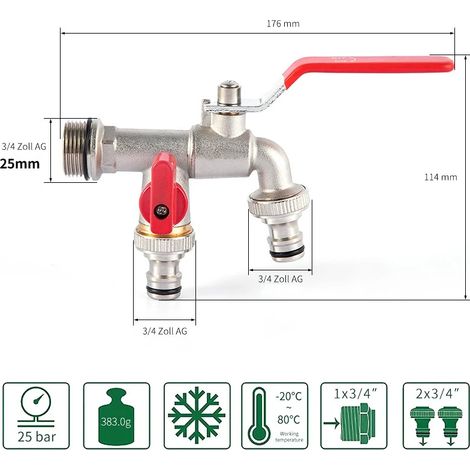 Robinet de jardin extérieur (entrée d'eau DN20 6"), antigel, double commande, en cuivre, pour lave-linge et évier de jardin 1/2". (1/4)