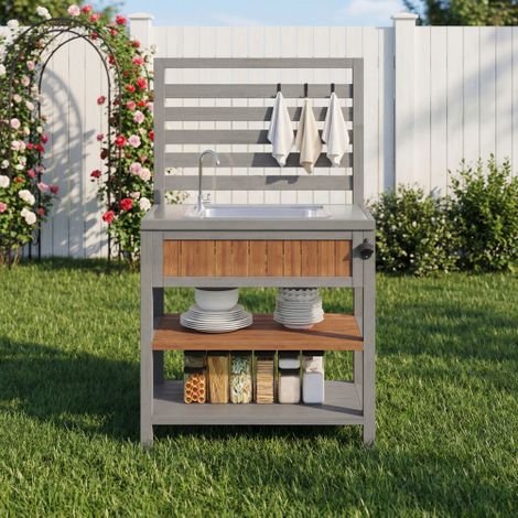 Coffre de jardin avec évier et robinet, ouvreur de bouteilles intégré, meuble de rangement extérieur résistant aux intempéries, bois massif, naturel, 80x51x141 cm, jardin et terrasse (1/5)