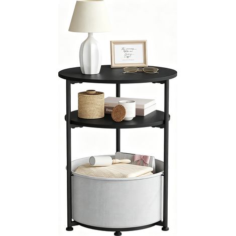 WOLTU Table Basse Ronde en Bois, Table d'Appoint avec Panier de Rangement en Tissu, Cadre en Métal, Noir + Gris (1/5)