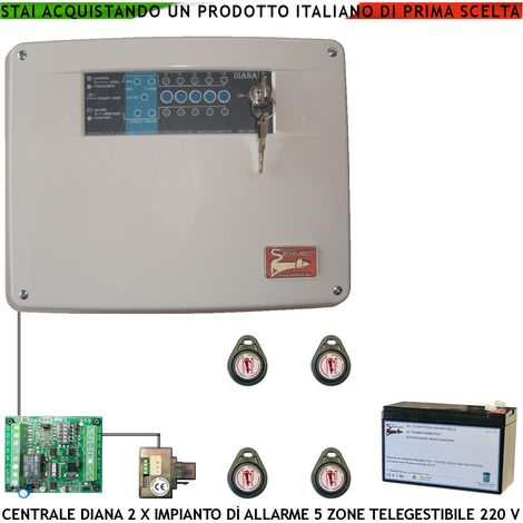 Centrale Diana Antifurto 5 Zone Batteria 12 V 7 Ah per Impianto di Allarme Filo. 4 Chiavi TAG. 2 Meccaniche Gestisce Sensori Ingresso Comando Remoto o Telegestione Uscita Sirene Combinatore Dissuasori (1/4)