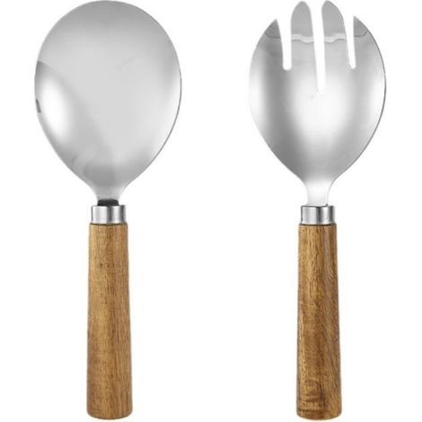 Ensemble 2 pièces Fourchette à salade,Cuillère à mélanger,Bois d'acacia,Acier inoxydable 430,Pour adultes (1/4)