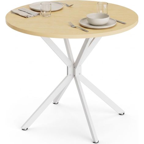 FurnitureR Table à manger ronde 90 x 78 cm, 2 à 4 personnes, plateau effet bois clair en particules, pieds croisés en acier blanc (1/5)