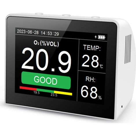 Multifunktionales 3-in-1-Tischgerät zur Messung von Sauerstoff, Luftfeuchtigkeit und Temperatur, Sauerstoffmonitor für Innen- und Außenbereich, 3,5-Zoll-Digital-Thermo-Hygrometer mit Datenlogger, wied