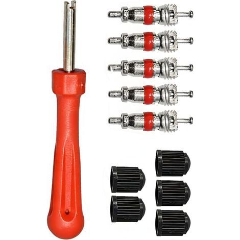 Kit Démonte Obus Valve Pneu Universel – 1 Clé + 5 Capuchons pour Voiture, Moto, Vélo, Camion. Outil Essentiel Réparation Rapide Fuites & Entretien. - (1/5)