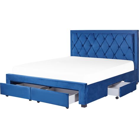 Cama con almacenaje de terciopelo azul marino 180 x 200 cm cajones cabecero alto capitoné glamuroso Lievin