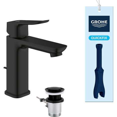 Mitigeur monocommande Lavabo Taille M (Robinet pour Lavabo de Salle de bain, Avec Tirette et garniture de vidage, facile à installer avec QuickTool inclus), Noir Mat