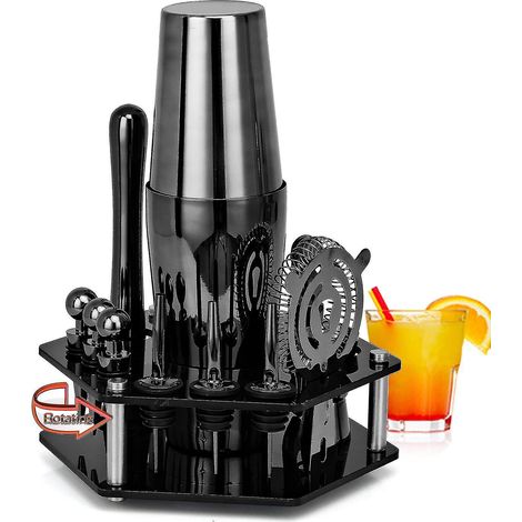 14-teiliges Barkeeper-Werkzeugset aus Edelstahl mit drehbarem Acrylgriff – Boston750 – Schwarz