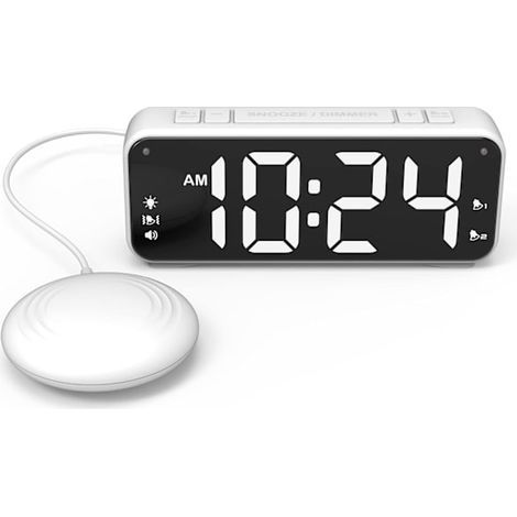 Réveil vibrant A5 + alarme ultra-puissante, idéal pour les gros dormeurs, les personnes sourdes ou malentendantes, très grand écran noir. (1/5)