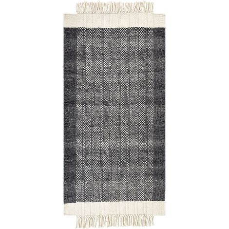 Tapis Blanc Cassé et Noir en Laine 80 x 150 cm avec Franges Fait Main Doux Atlanti