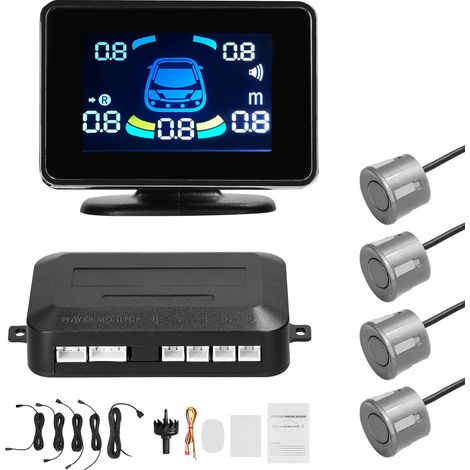 Capteur de stationnement de voiture Système de radars de recul Support avant et arrière Avertissement sonore/Buzzer/Muet avec 4 capteurs Détection de distance Écran LCD Volume réglable (1/5)