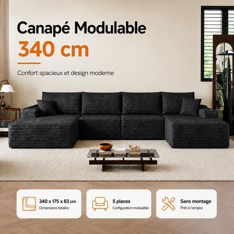 Canapé Modulable 340cm Velours Côtelé Noir - Canapé d'angle - 5 Places Méridienne Assise Profonde Lounge Sans Armature Ni Montage (1/5)
