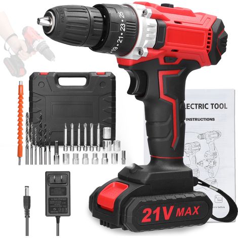 21V Cordless Lithium Drill Set Multifunctional Electric Drill Kit Handheld Power Screwdriver with 25 Gears Torque Setting, Variable Speed, LED Light, 24pcs Impact Drill/Driver Bits