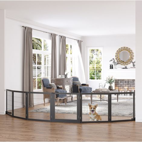 Barriera pieghevole per cani 432 x 36 x 70 cm in legno di pino e acciaio nero OKMYHOME (1/5)