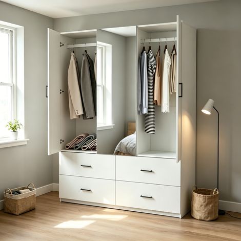 Armoire chambre miroir blanche, Penderie avec 2 portes et 4 tiroirs, Poignées Noires, Dressing Rangement Moderne - 130x51.8x181.5 cm (1/5)
