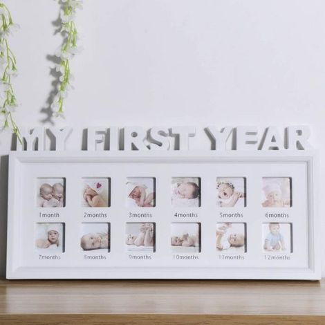 Cadre Photo Bébé MON PREMIER ANNÉE Anniversaire Photo Cadre Souvenir Plastique Nouveau-né Baptême Shower Frame,Blanc (1/4)