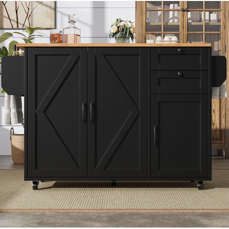 Kücheninsel 120x43.2x92 cm schwarz aus MDF mit klappbarer Tischplatte und Rollen (1/5)
