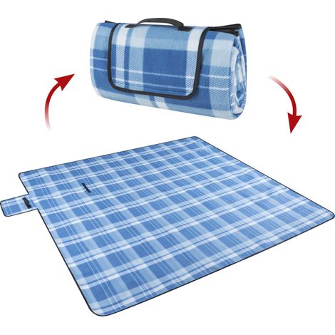 Reisedecke XXL, Campingdecke wärmeisoliert und wasserdicht, Urlaubsdecke mit Tragegriff blau/weiß-karo 200x200 cm (1/5)
