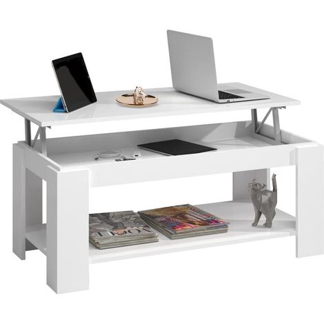 Tavolino Soggiorno con Rialzo Contenitore Tavolo Salotto Moderno Apribile Bianco