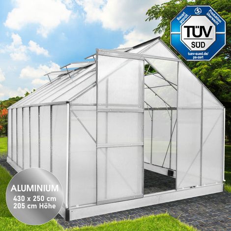 BRAST Gewächshaus Aluminium mit Fundament rostfrei TÜV geprüft 6mm Platten 430x250x205cm Silber (1/5)