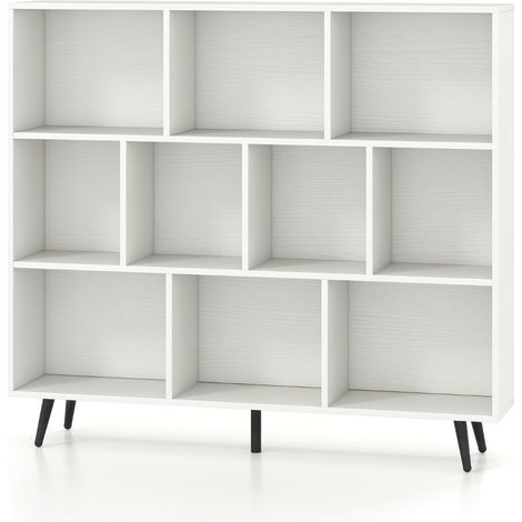 Libreria con scomparti, 3 ripiani, gambe in legno, 120 cm