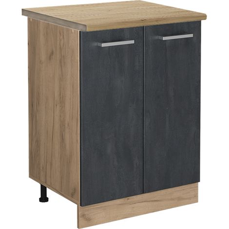 Meuble bas de cuisine R-Line, Béton noir, 60 cm PT Chêne, Vicco