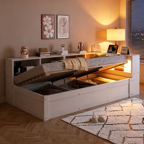 Multifunktionsbett 90x200 cm mit Stauraum und LED-Beleuchtung, Massivholz Schlafsofa mit integrierter Steckdose und hydraulischem Bettkasten, Weiß (1/5)