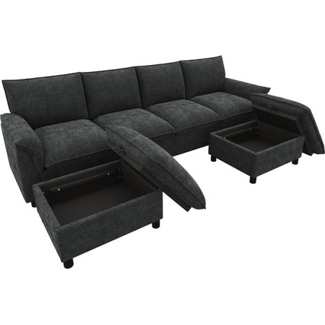 Canapé d'angle modulaire en chenille noire avec 2 poufs mobiles, dossier haut, dimensions 264,5 x 142,5 x 84 cm (1/5)