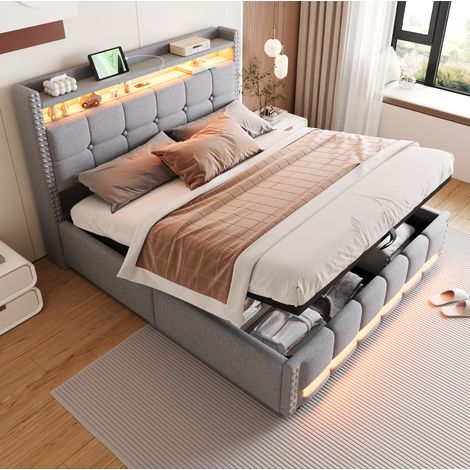 DESVIAE Lit capitonné 160 x 200 cm avec LED USB rangement tête de lit et sommier hydraulique tissu lin gris clair (1/5)