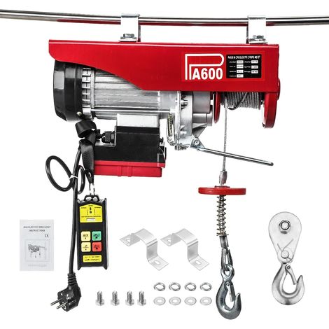 Treuil électrique 600 kg, treuil motorisé avec télécommande radio portée jusqu'à 100 m, palan à câble hauteur de levage 6 m / 12 m, avec arrêt d'urgence, pour garage, atelier, entrepôt, 220 V (1/5)