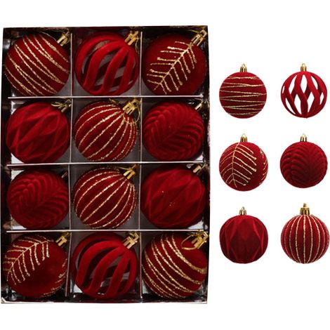 Boule De Décoration - 6 cm - Velours Rouge - Pour Arbre De Noël - Fête De Mariage Anniversaire Maison - Lot De 12 (1/5)