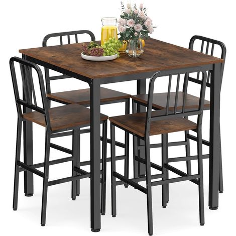 Table de salle à manger avec 4 chaises, table haute de cuisine et 4 tabourets de bar à dossier incliné, structure en métal, pour 4 personnes, style (1/5)