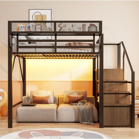 Cama alta 140x200 con LED, escalera de seguridad y almacenaje modular, metal y MDF, negro (1/5)